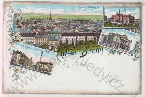  - Brno (Brünn), více záběrů, celkový pohled, Deutsches haus, náměstí, divadlo, kolorovaná, koláž, DA