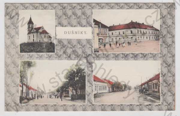  - Dušníky (Praha - západ), více záběrů, kostel, náměstí, pohled ulicí, kolorovaná