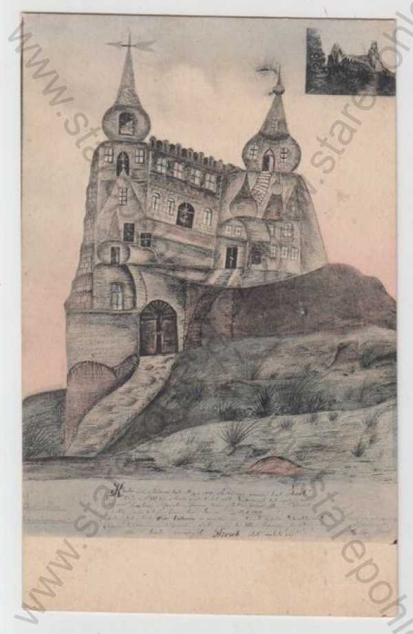  - Trosky (Semily), hrad, kresba, historická, kolorovaná