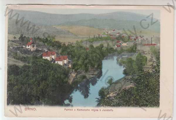 - Brno, Jundorf, Kamenný mlýn, částečný záběr města, kolorovaná