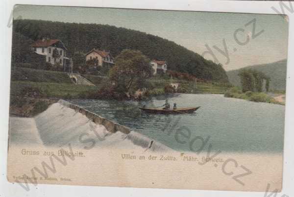  - Velké Bílovice (Billowitz) - Břeclav, řeka, loď, Moravské Švýcarsko, kolorovaná