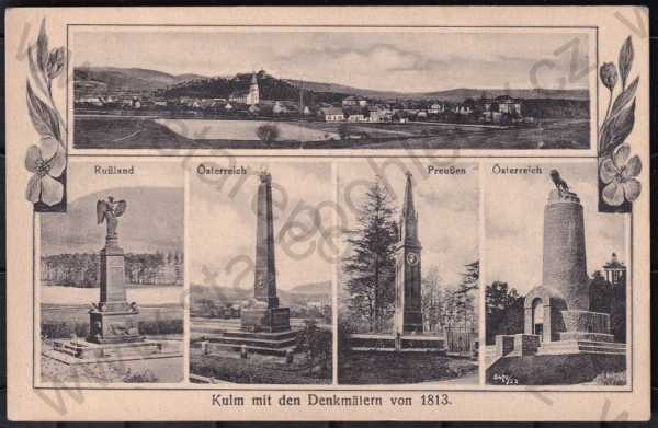  - Chlumec (Ústí nad Labem), pomník-Schlachtfeld Bei Kulm 1813, území bojiště, více záběrů