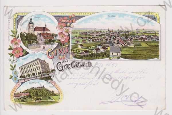  - Hrádek nad Nisou - celkový pohled, kostel, škola, Grabštejn, litografie, DA, koláž, kolorovaná