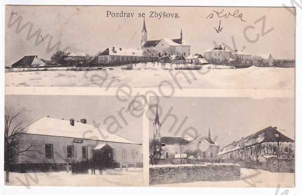  - Zbýšov - celkový pohled, hostinec, kostel, škola, zimní