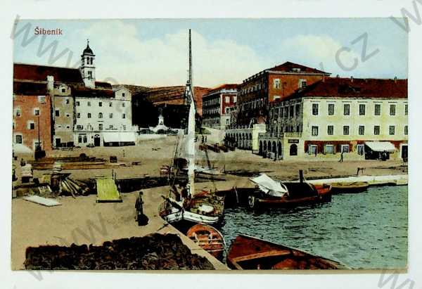  - Jugoslávie - Chorvatsko - Šibenik, přístav, kolorovaná