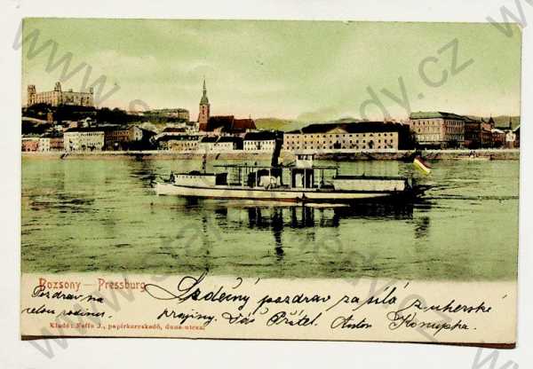  - Slovensko - Bratislava - pohled od vody, loď, kolorovaná, DA