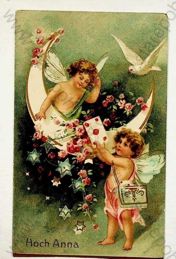  - Přání k jmeninám - andílci, holubice, květiny, kolorovaná, zlacená, plastická karta