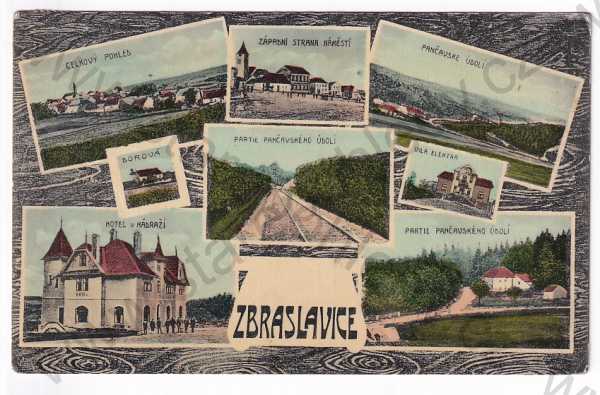  - Zbraslavice - celkový pohled, náměstí, Pančavské údolí, Borová, železnice, vila Elektra, hotel u nádraží, koláž, kolorovaná