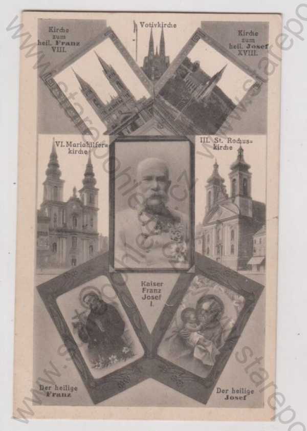  - František Josef I., portrét, více záběrů, kostel, náboženství, koláž