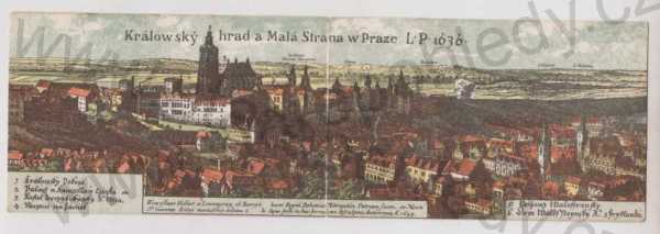  - Praha 1, Pražský hrad, Malá Strana, panorama, historická - 1636, otvírací karta, kolorovaná, DA
