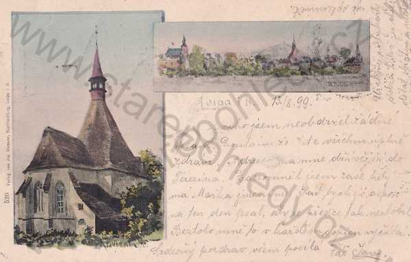  - Česká Lípa barevná kresba kostel, celkový pohled, DA
