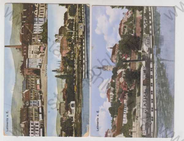  - 2x Litoměřice (Leitmeritz), více záběrů, řeka, loď, parník, částečný záběr města, kolorovaná