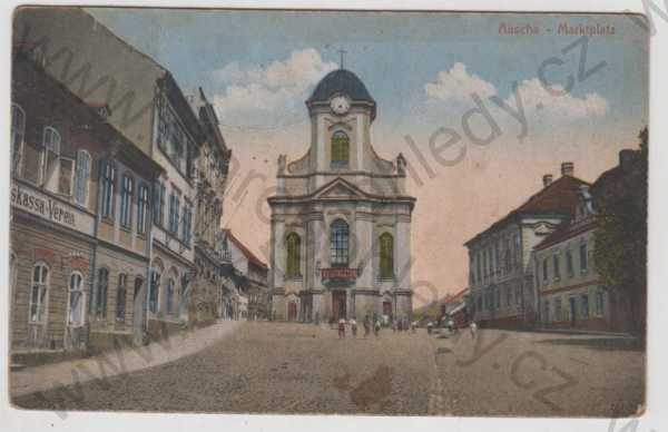 - Úštěk (Auscha) - Litoměřice, náměstí, kostel, kolorovaná