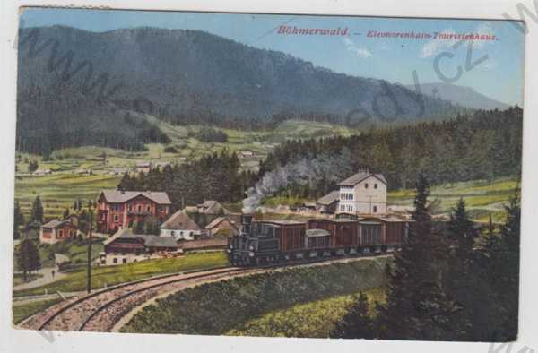  - Lenora (Eleonorhain) - Prachatice, částečný záběr města, vlak, lokomotiva, vagon, kolorovaná, foto J.Seidel