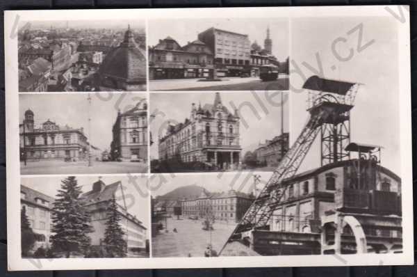  - Most, více záběrů, částečný záběr města, pohled ulicí, náměstí, důlní věž, tramvaj, automobil, kostel, foto J.Švec