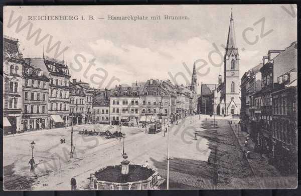  - Liberec (Reichenberg), náměstí, kostel, tramvaj, kašna