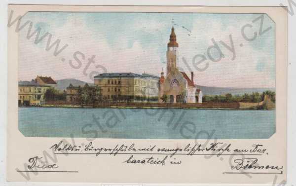  - Duchcov (Dux) - Teplice, kostel, částečný záběr města, kolorovaná, není pohlednice