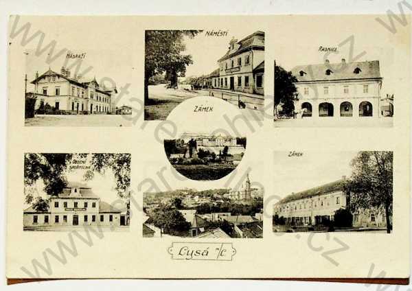  - Lysá nad Labem (Nymburk) - náměstí, škola, radnice, obecní spořitelna, NÁDRAŽÍ, zámek, koláž, více záběrů
