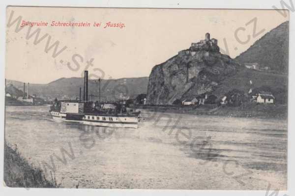  - Hrad Střekov (Schreckenstein) - Ústí nad Labem, řeka, Labe, loď, parník