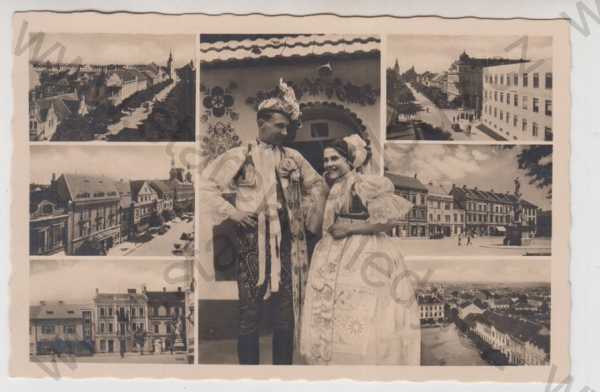 - Hodonín (Göding), více záběrů, pohled ulicí, náměstí, částečný záběr města, žena, muž, kroj, koláž, foto J.Švec