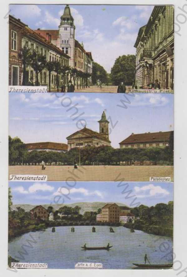  - Terezín (Theresienstadt) - Litoměřice, více záběrů, radnice, pošta, náměstí, řeka, loď, kolorovaná