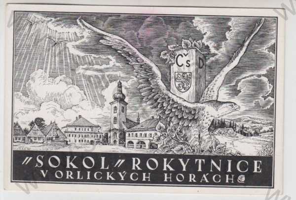  - Rokytnice v Orlických horách (Rychnov nad Kněžnou), náměstí, kostel, Sokol, kresba
