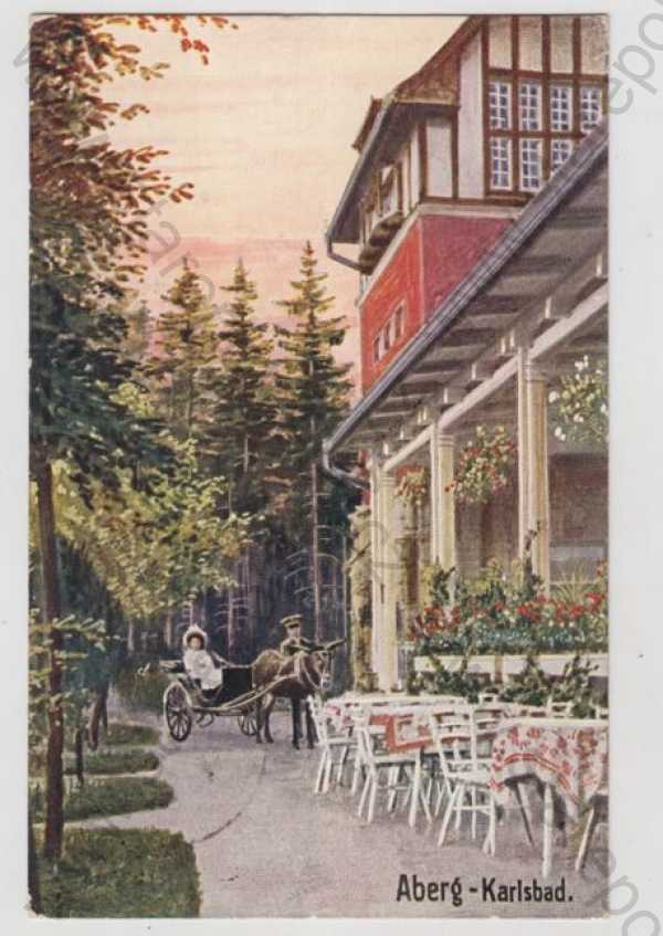  - Doubská hora (Aberg) - Karlovy Vary, kočár, kůň, restaurace, kolorovaná