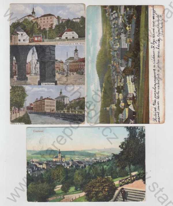  - 3x Trutnov (Trautenau), kostel, náměstí, podloubí, řeka, celkový pohled, , kolorovaná, DA