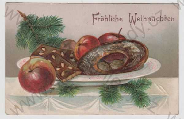  - Vánoce, jablko, ořech, cukroví, kolorovaná, plastická karta