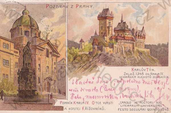  - Praha 1 kostel sv. Františka křižovnický socha Karla IV. Karlštejn kresba barevná DA