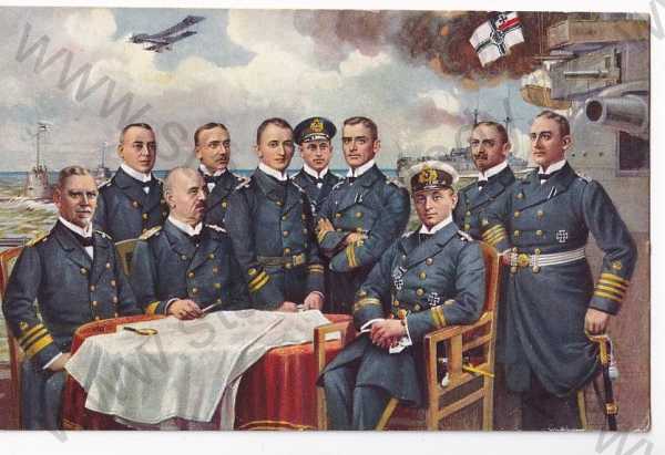  - Vojenství - letectvo skupinový portrét kresba barevná letadlo vlajka uniforma