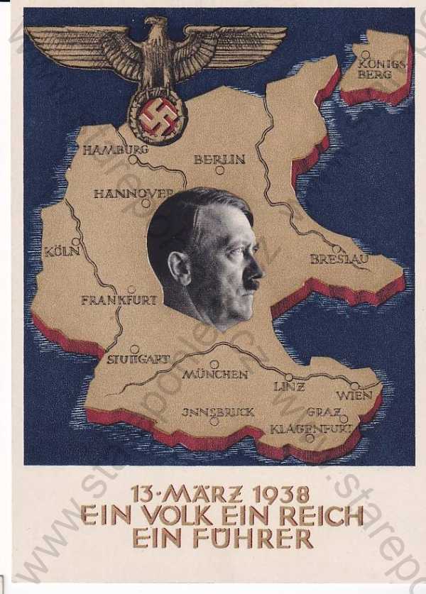  - Osobnosti: Adolf Hitler portrét foto mapa německého národa pozlaceno orlice kříž 1938