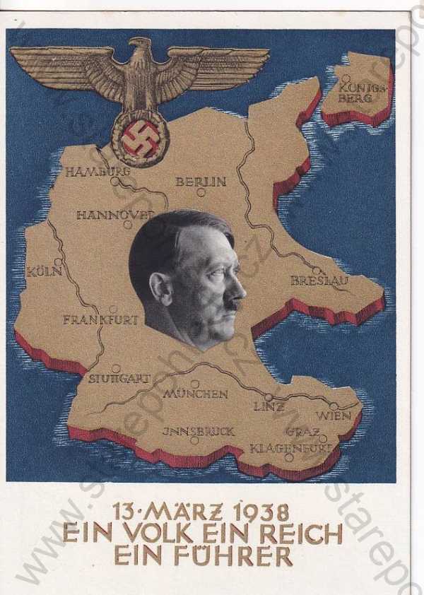  - Osobnosti: Adolf Hitler portrét foto mapa německého národa pozlaceno orlice kříž 1938