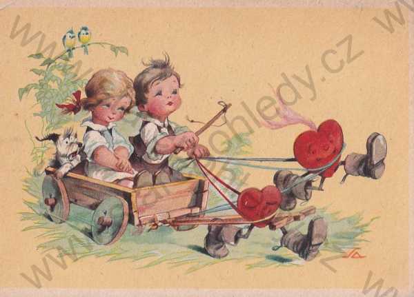  - Ludvík Alois Salač děti vozík srdce pár kresba barevná