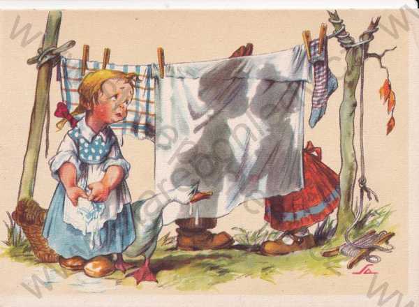  - Ludvík Alois Salač děti věšení prádla husa dětský pár kresba barevná