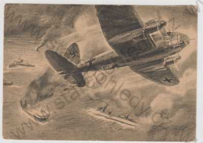  - Letadla, loď, bitva, Luftwaffe, kresba