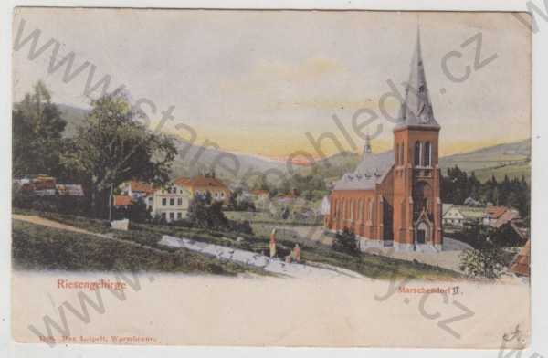  - Horní Maršov (Marschendorf) - Trutnov, kostel, částečný záběr města, Krkonoše, kolorovaná, DA