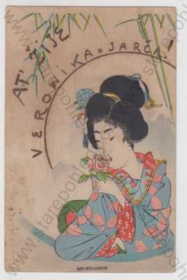  - Japonerie, žena, kimono, kolorovaná