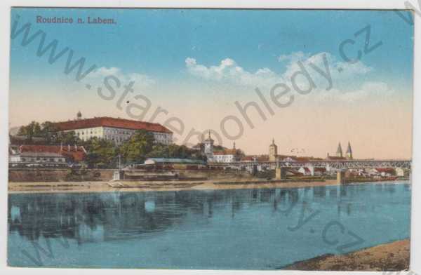  - Roudnice nad Labem (Litoměřice), řeka, most, zámek, částečný záběr města, kolorovaná
