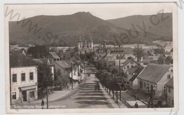  - Hejnice (Haindorf) - Liberec, kostel, pohled ulicí, částečný záběr města