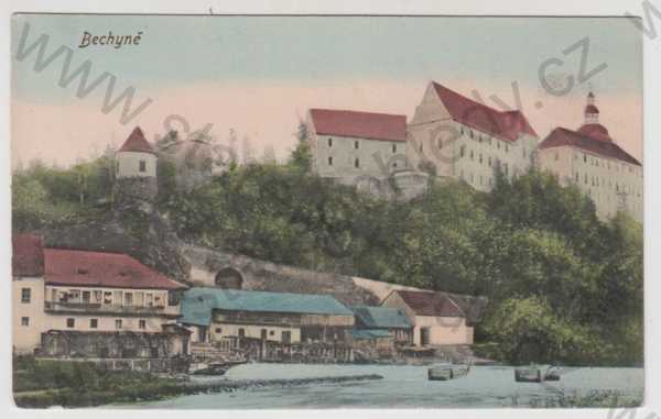 - Bechyně (Tábor), zámek, řeka, částečný záběr města, kolorovaná