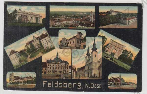  - Valtice (Feldsberg) - Břeclav, více záběrů, celkový pohled, zámek, kostel, částečný záběr města, kolorovaná, koláž