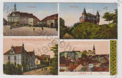  - Česká Lípa (Böhm. Leipa), více záběrů, náměstí, Holý vrch, vila, pohled ulicí, celkový pohled, kolorovaná