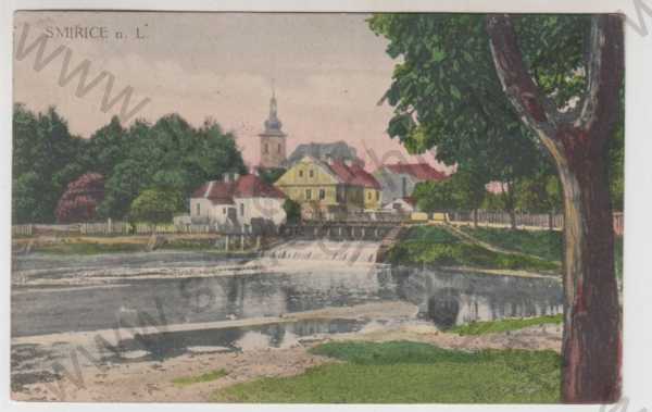  - Smiřice nad Labem (Hradec Králové), řeka, jez, kostel, částečný záběr města, kolorovaná