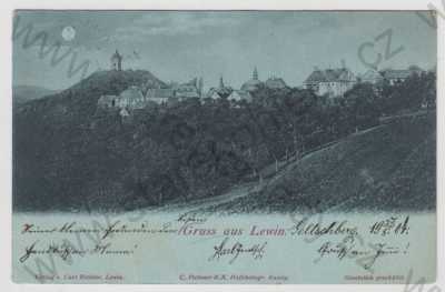  - Levín (Lewin) - Litoměřice, celkový pohled, zvonice, mondschein, DA