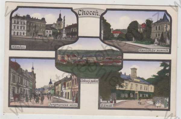  - Choceň (Ústí nad Orlicí), více záběrů, náměstí, Havlíčkův pomník, Jungmanova ulice, zámek, celkový pohled, kolorovaná, koláž