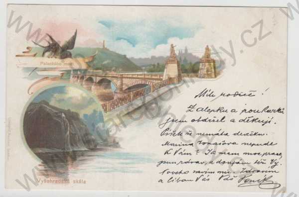 - Praha 1, více záběrů, Palackého most, Vyšehradská brána, kolorovaná, koláž, DA