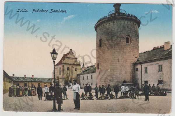  - Polsko, Lublin (Woj. Lubelskie), zámek, věž, nádvoří, kolorovaná