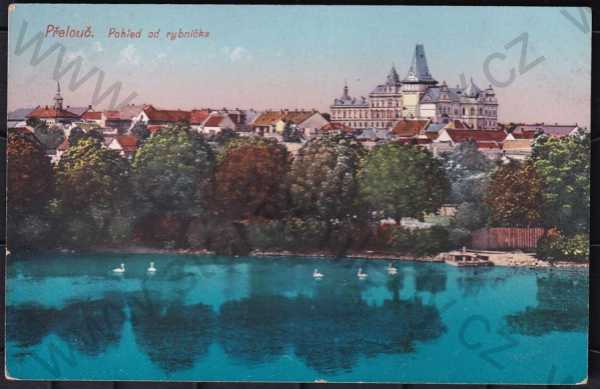  - Přelouč (Pardubice), barevná, pohled od rybníčka, zámek, labuť, částečný záběr města
