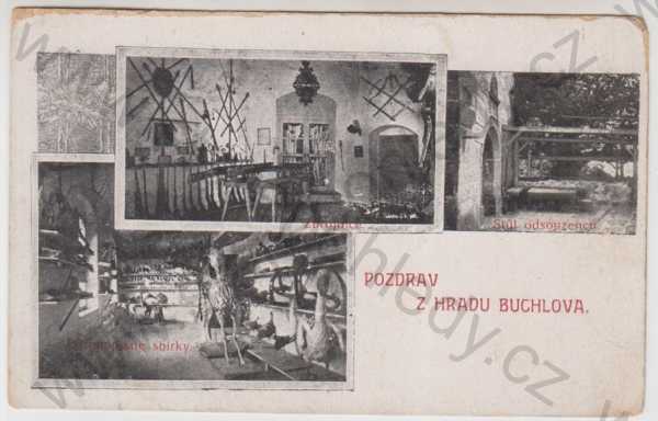  - Hrad Buchlov (Uherské Hradiště), více záběrů, zbrojnice, stůl odsouzenců, přírodopisné sbírky